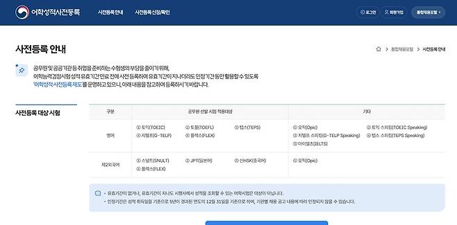 어학성적 사전등록 대상 시험 목록.(출처=통합채용포털 누리집)