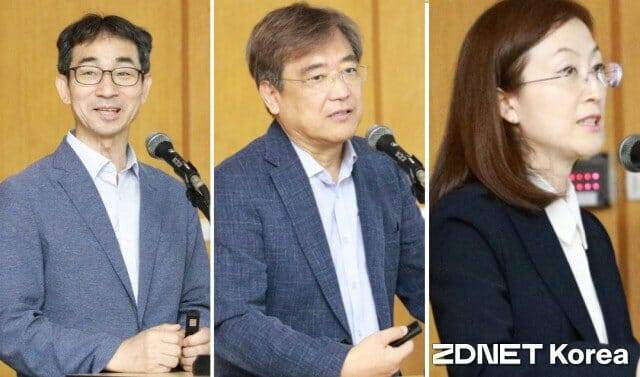 왼쪽부터 화학연 박용기 CCP연구단장과 기계연 송영훈 단장 및 강선녕 변리사.