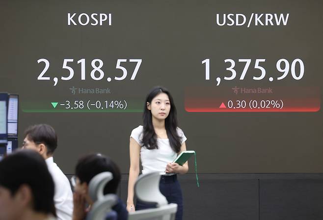 코스피가 약보합 출발한 7일 오전 서울 중구 하나은행 본점 딜링룸에서 직원이 업무를 보고 있다. /연합뉴스