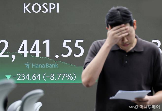미국발 경기 침체 공포 확산 및 중동발 리스크 영향으로 코스피 지수가 급락한 5일 서울 중구 을지로 하나은행 딜링룸 현황판에 코스피가 표시되어 있는 가운데 관계 직원이 업무를 보고 있다.  이날 코스피는 전일보다 234.64포인트 (8.77%) 하락한 2441.55로, 코스닥은 전일보다 88.05포인트 (11.30%) 하락한 691.28로 장을 마쳤다. /사진=임한별(머니S)