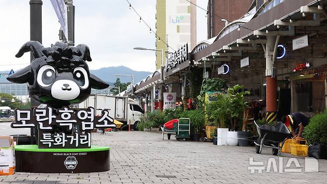 [성남=뉴시스] 김금보 기자 = 개식용종식법 시행일인 7일 오전 경기 성남시 모란시장 보신탕거리에 '모란 흑염소 특화거리' 입간판이 설치돼 있다.'개의 식용 목적의 사육·도살 및 유통 등 종식에 관한 특별법 시행령안' 시행에 따라 정부는 오는 2027년 2월 7일까지 3년의 유예기간을 두고 개 식용 업계에 전·폐업을 지원한다. 2024.08.07. kgb@newsis.com