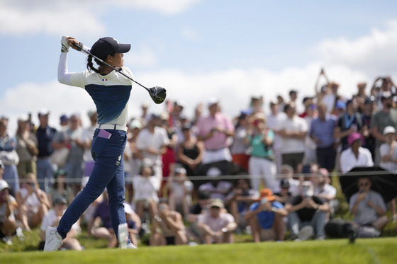 Celine Boutier of France plays off the 12th tee during the first round of the women's golf event at the Paris Olympics in Saint-Quentin-en-Yvelines, France on Wednesday. [AP/YONHAP]