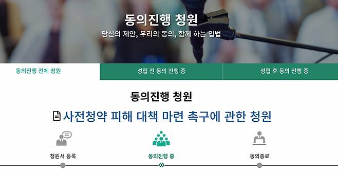 사업 취소로 사전청약 당첨자 지위를 상실한 민간 사전청약 당첨자들이 국민동의청원을 신청했다. [사진=국민동의청원 화면 갈무리]