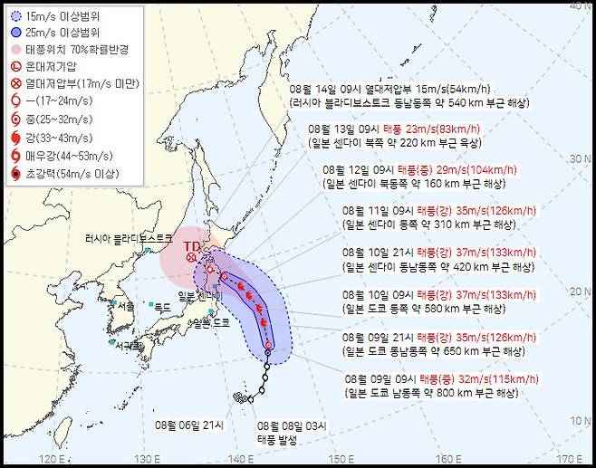 제5호 태풍 마리아 예상 이동 경로. 기상청 제공