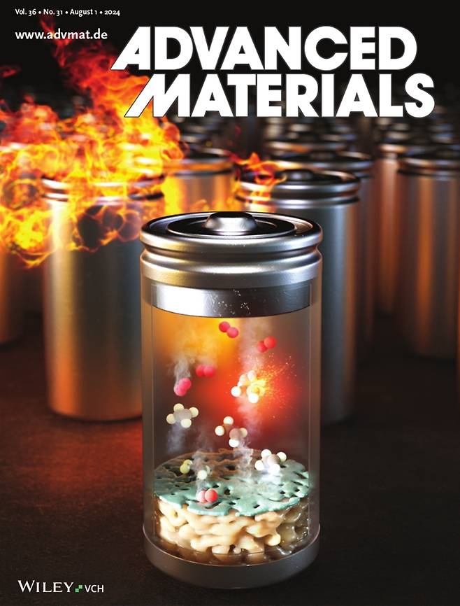 서울대 임종우 화학부 교수팀 등이 연구에서 제시한 ‘자가증폭루프’로 인한 급격한 온도 상승을 묘사한 표지 그림. 이번 연구는 지난 1일자 국제학술지 ‘어드밴스드 머티리얼즈’ 표지 논문으로 선정됐다. [서울대 제공]