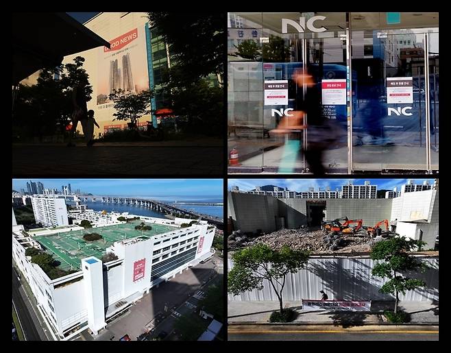 인구감소로 대형마트 사라지고 아파트만 사진 왼쪽부터 시계방향으로 폐점한 홈플러스 연산점, NC백화점 서면점, 홈플러스 해운대점, 메가마트 남천점. 2024년 7월~8월 촬영. [손형주 기자]