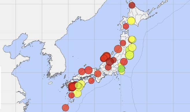 일본에서 최근 10년 간 발생한 진도 5강 이상의 지진 지역 (사진=일본기상청 홈페이지)