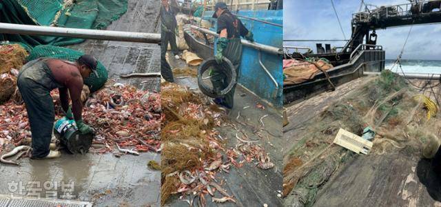 영진호 선원들에게 그물에 딸려 온 쓰레기를 치우는 건 일상었다. 드럼통(맨 왼쪽 사진부터)과 용도를 알 수 없는 대형 폐플라스틱을 치우고 있다. 또, 폐그물과 버려진 에어컨이 뒤엉켜 그물에 걸려 올라오기도 했다. 제주=유대근 기자