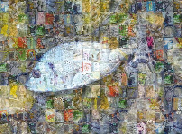 조업 과정 중 그물에 딸려온 쓰레기의 사진을 찍어 포토 모자이크(여러개의 사진을 이어 붙여 하나의 이미지를 만드는 것) 기법으로 물고기를 형상화했다. 사진을 확대해 보면 바다에 버려진 쓰레기들이 보인다. 제주=유대근 기자