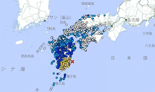 지난 8일 미야자키 앞바다에서 발생한 규모 7.1 지진의 영향권 [연합]