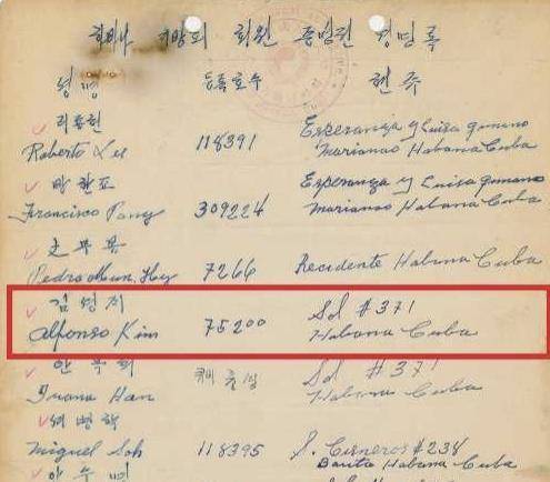 김성재 선생 이름이 적힌 쿠바 아바나지방회 대한인국민회 명부. 국가보훈부 제공
