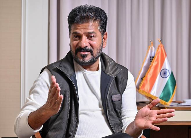 Telangana Chief Minister Revanth Reddy speaks in an interview with The Korea Herald at Lotte Hotel in Jung-gu, Seoul on Monday.( Im se-jun/ The Korea Herald)