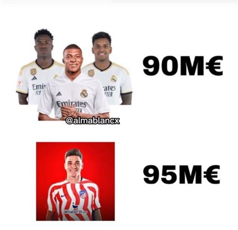 ▲ ‘지역 라이벌’ 레알 마드리드 팬들은 사회관계망서비스(SNS)를 통해 “우리는 킬리안 음바페와 비니시우스 주니오르, 호드리구를 합쳐 단 9,000만 유로(약 1,345억 원)에 영입했다”라며 알바레스 영입에 거액을 들인 아틀레티코 마드리드를 조롱했다. ⓒSNS