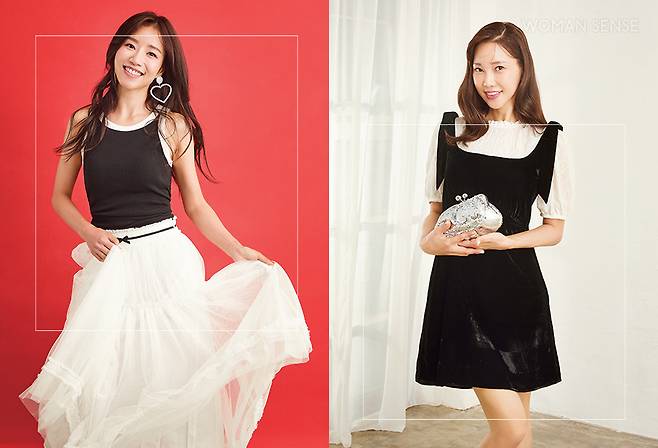 (왼쪽부터)석보서 배색 슬리브리스 톱 2만9천9백원 유니클로, 리본 디테일이 돋보이는 튤 스커트 29만8천원 쟈니헤잇재즈, 빅 하트 드롭 이어링 스타일리스트 소장품 손나현 블라우스 콤비 미니드레스 19만원 앤아더스토리즈, 시퀸 미니 백 88만8천원 위크엔드 막스마라.