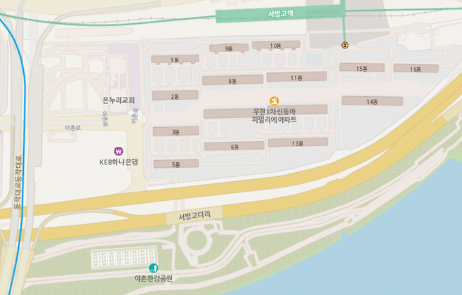 재건축 단지인 서울 용산구 서빙고동 신동아아파트는 조합 정관을 통해 기존의 강변동(5,6,13,14,16동) 조합원에게 남향 한강조망권을 보장하고 있습니다. 국토지리정보원 제공