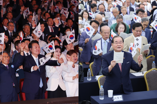 정부가 공식 주최한 제79주년 광복절 경축식이 15일 오전 서울 종로구 세종문화회관에서 열리는 동안(왼쪽 사진), 광복회는 서울 용산구 효창공원 내 백범김구기념관에서 별도로 광복절 기념식을 열었다. 뉴시스 연합뉴스