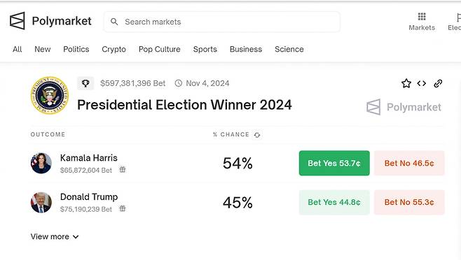 폴리마켓에서 진행되고 있는 2024 미국 대선 당선 베팅./폴리마켓