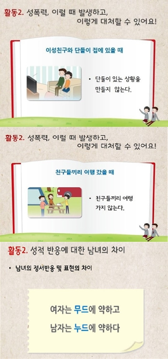 교육부는 2015년 <학교 성교육 표준안>과 교사용 지도서 등 교육자료를 만들어 배포했으나 잘못된 성폭력 통념과 성별 고정관념을 강화하는 내용으로 인해 강력한 비판을 받았다. 교육부 성폭력 표준안 교육자료 캡처