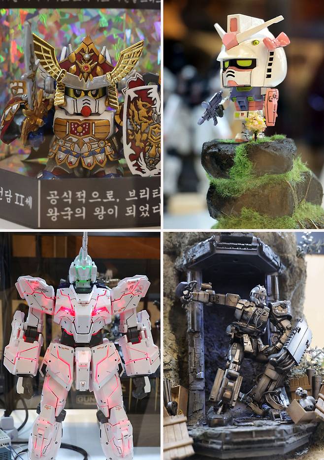 킹건담 2세 - 박연호作, 건프라양 - 한재일作, I am iron ZAKU - 박주환作, Mega 유니콘 모드 - 은종익作 (왼쪽위부터 시계방향)