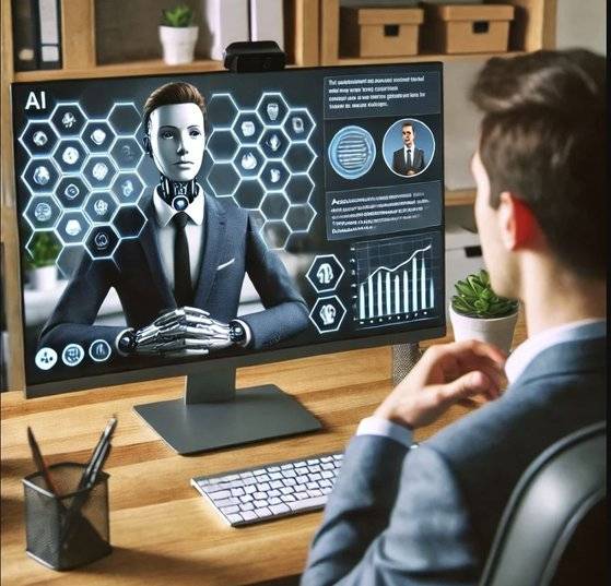 AI 면접을 보고 있는 지원자 모습을 챗gpt를 통해 일러스트로 표현한 이미지. 챗gpt