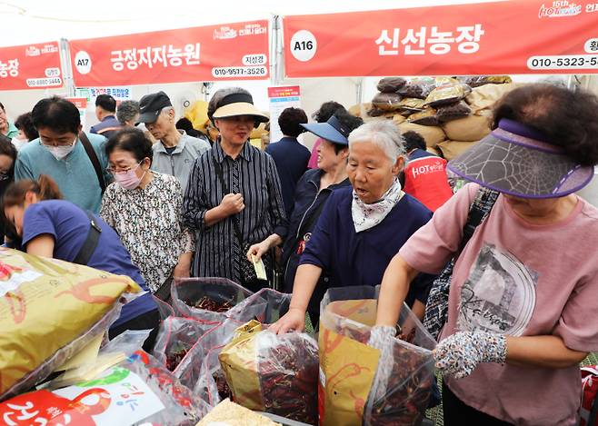 영양고추 H.O.T Festival을 찾은 서울시민들이 영양고추를 구매하기 위해 직접 확인하고 있다. 영양군 제공