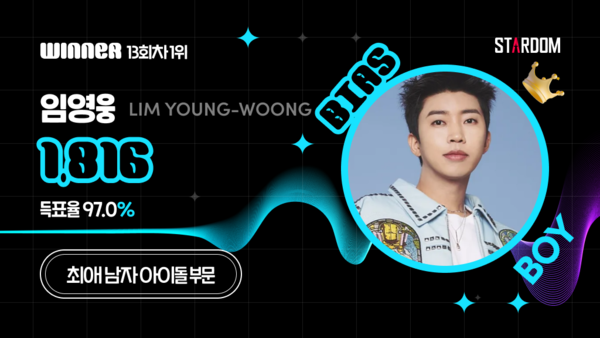 ▲ 임영웅이 1위에 오른 스타덤 8월 둘째주 '최애 아이돌' 남자부문 투표 결과 이미지.