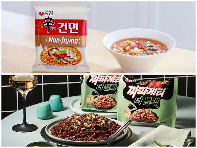 농심의 신라면 건면(위)과 짜파게티 더 블랙. /농심 제공