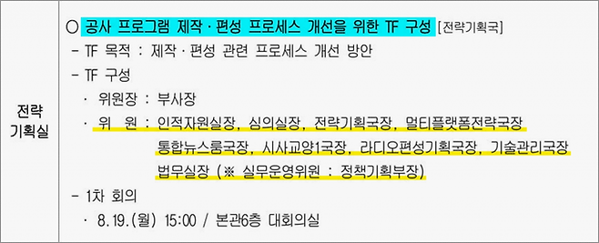 전국언론노동조합 KBS본부가 19일 낸 성명 '제작시스템 붕괴 해법은 TF가 아니라 경영진 사퇴다'에 공유한 내부 자료.