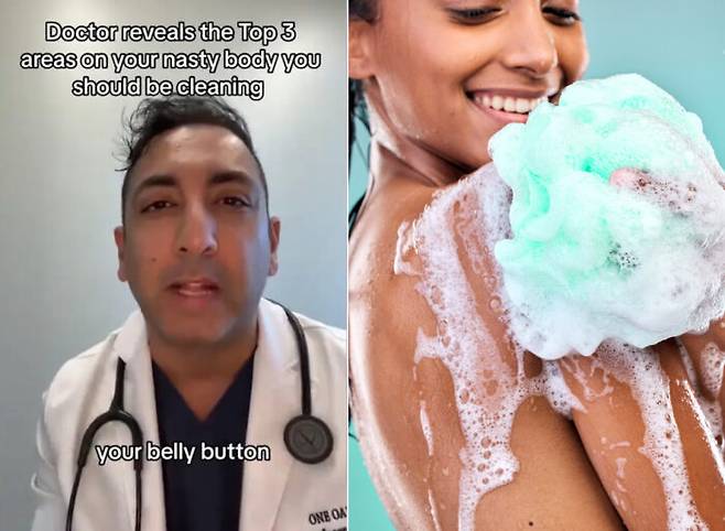 아무리 꼼꼼하게 씻어도 나도 모르게 놓치는 부분이 있다. 미국 버지니아주 의사 제이슨 싱 박사(사진)는 배꼽, 발, 귀 뒤는 꼼꼼하게 씻어야 악취, 세균 감염 등을 막을 수 있다고 말했다. [사진=미국 매체 뉴욕포스트 보도 갈무리 / TikTok 'drjaysonisfresh']