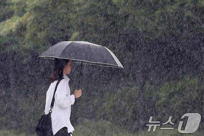 제9호 태풍 '종다리'가 북상한 20일 오후 대구 수성구 달구벌대로 담티고개 인근에 많은 비가 쏟아지고 있다. 2024.8.20/뉴스1 ⓒ News1 공정식 기자