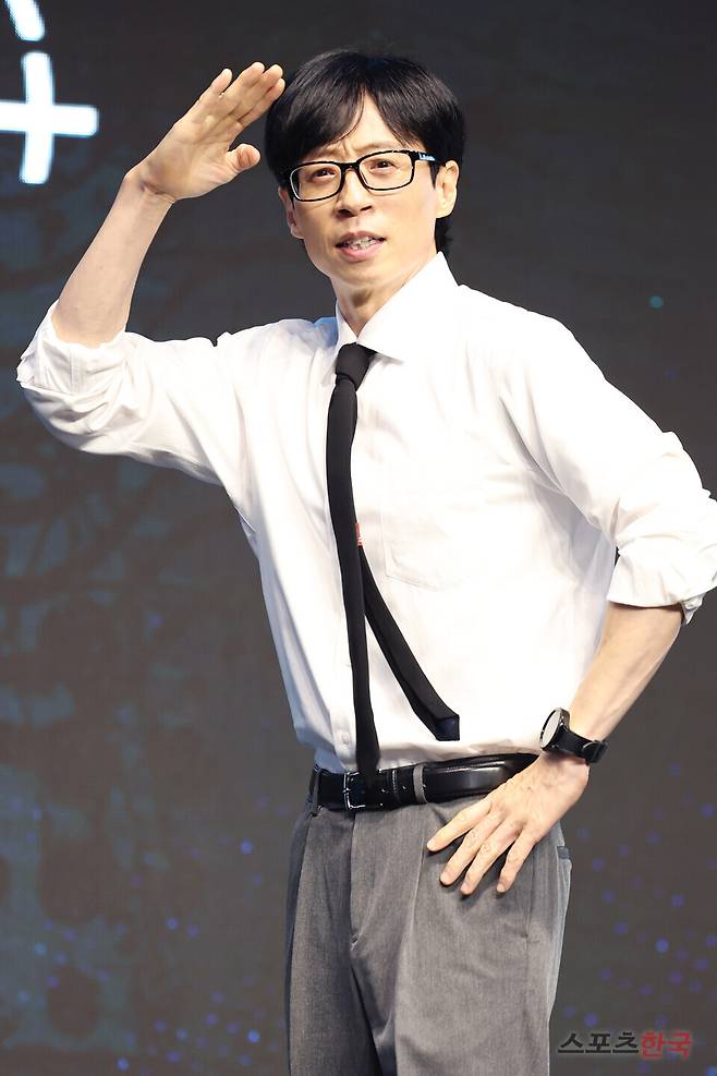 디즈니+ 오리지널 예능 '더 존: 버텨야 산다 시즌3' 제작발표회에 참석한 유재석. ⓒ이혜영 기자 lhy@hankooki.com