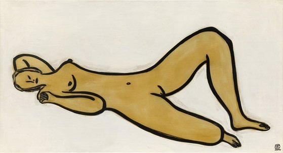 창위(Sanyu), Reclining Nude,with Raised Knee II ,1950s/1960s, Oil on masonite, 67 x 120 cm . 필립스옥션