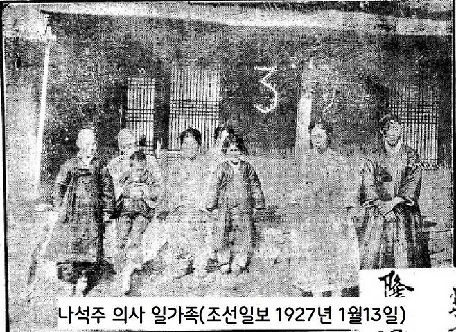 조선일보 1927년 1월13일자에 실린 나석주 일가 사진. 나의사의 고향인 황해도 재령은 조선시대 궁장터(왕실 토지)로 유명했다. 그러나 국권침탈 뒤 일제 수탈기관인 동양척식주식회사 소유로 바뀌었다. 이른바 ‘동척의 소작농’이 된 농민들은 수확량의 50%에서 최고 70~80%까지 납부해야 했다.