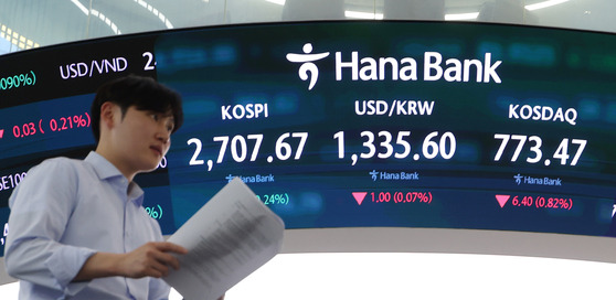 A screen in Hana Bank's trading room in central Seoul shows the Kospi closing at 2,707.67 points on Thursday, up 0.24 percent, or 6.54 points, from the previous trading session. The Kosdaq dropped 0.82 percent, or 6.40 points, to 773.47. [YONHAP]