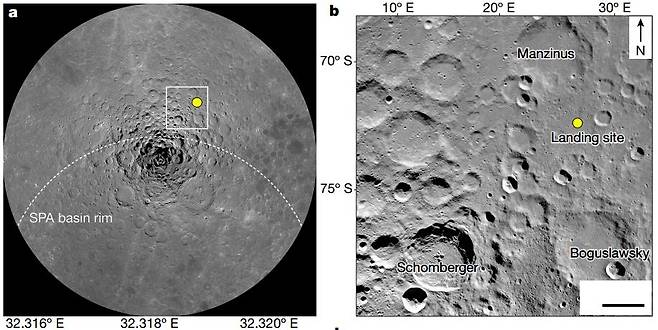 찬드라얀-3 착륙지점 및 APXS 관측 위치.  a) 미항공우주국(NASA)의 달정찰궤도선(LRO)에 탑재된 광각카메라(WAC)로 촬영한 남극지역 지도. 노란색 원은 찬드라얀-3의 비크람 착륙선 착륙 지점. b) 찬드라얀-3 비크람 착륙선 착륙지점(노란색 원) 주변 분화구 모습. 눈금은 50㎞.[Nature/Santosh Vadawale et al. 제공. 재판매 및 DB 금지]