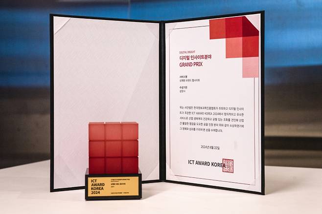 상쾌환 브랜드 웹사이트가 수상한 ICT 어워드 코리아 2024 GRAND PRIX 상패. 삼양홀딩스&nbsp;