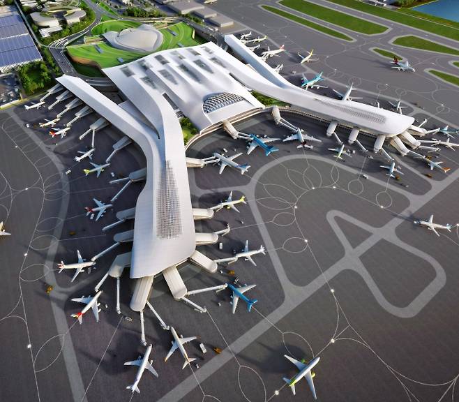 가덕도 신공항 부지공사 3차 입찰에도 현대건설 컨소시엄(현대건설·대우건설·포스코이앤씨)만 단독으로 사전심사신청서를 제출하면서 유찰됐다. 사진은 가덕도신공항 여객터미널 조감도. /사진=가덕도신공항건설공단
