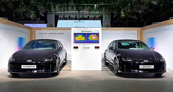 나노 쿨링 필름을 부착한 차량과 부착하지 않은 차량의 실내 온도 비교. 현대차·기아 제공