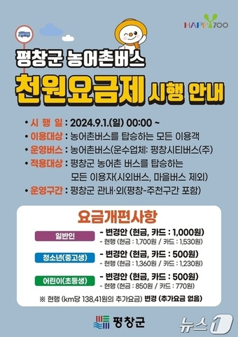 강원 평창군의 농어촌버스 1000원 단일요금제 안내 포스터. (평창군 제공/뉴스1