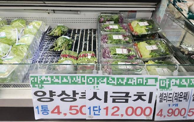 At a mart in Mapo-gu, Seoul, spinach was being sold for 12,000 won per bunch at the vegetable section, on August 25. Oh Dong-wook