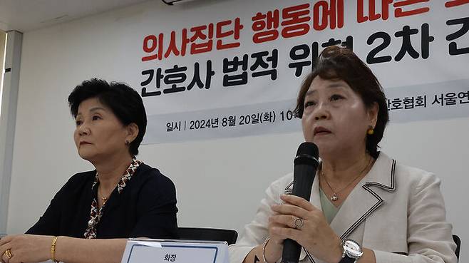 의사집단 행동에 따른 간호사 법적 문제 관련 기자회견을 연 대한간호협회 탁영란 회장과 손혜숙 부회장(왼쪽)