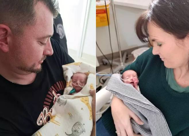 쌍둥이를 9일 간격으로 출산한 여성이 자신의 독특한 분만 여정을 공유했다. 왼쪽은 아이 아빠와 딸 미셸, 오른쪽은 아이 엄마와 아들 헤르마누스 주니어 모습. [사진='더미러' 보도내용 캡처]