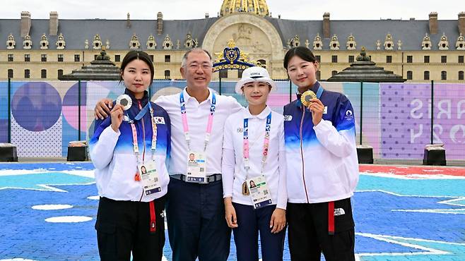 양궁 국가대표와 기념 촬영하는 정의선 회장 2024.8.4 [대한양궁협회 제공]