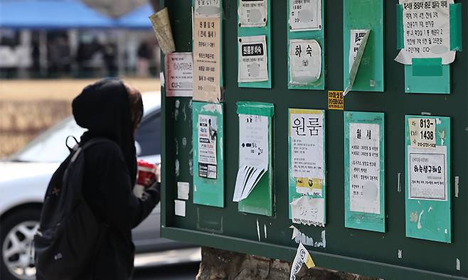 서울의 한 대학교 앞에 월세 관련 전단지가 부착돼 있다. 연합뉴스