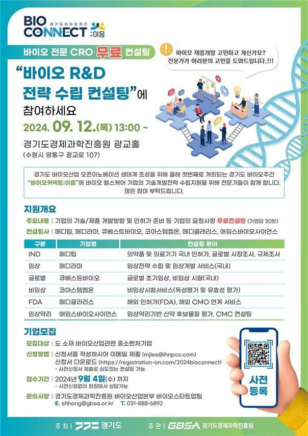 경기도경제과학진흥원이 ‘바이오 R&D 전략 수립 컨설팅’ 지원사업에 참여할 도내 바이오 기업을 9월4일까지 모집 중이다.(경과원 제공)/