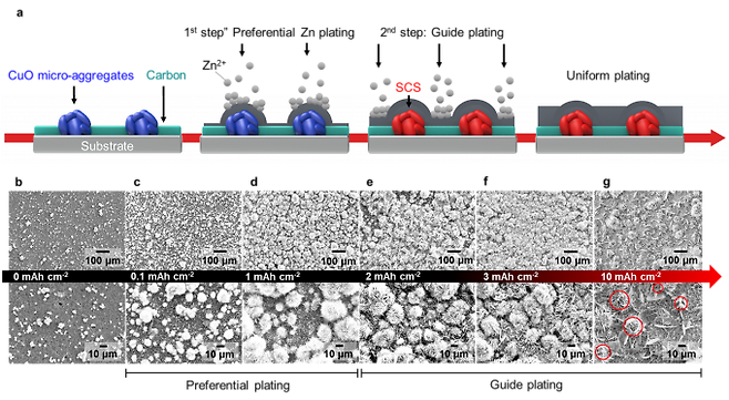 아연의 균일한 증착이 유도되는 과정. 산화구리는 아연의 핵성장을 유도한 후에는 아연의 불균일한 성장을 억제하는 울타리 역할을 한다. 에너지연 제공