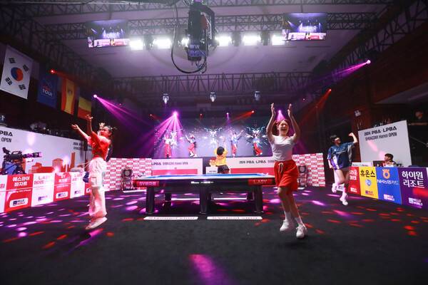 피비에이 치어리더 ‘프바걸스’가 26일 하노이오픈 결승전에서 율동으로 흥을 돋우고 있다. PBA 제공