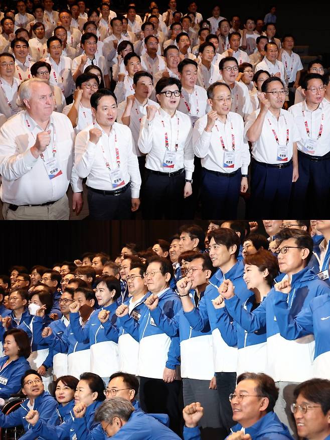 한동훈 대표가 이끄는 국민의힘(윗 사진)과 이재명 대표가 이끄는 더불어민주당이 29일 인천에서 각각 연찬회와 워크숍을 열고 정기국회 전열을 가다듬고 있다. 뉴스1