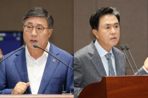 충남도의회 이정우 의원과 김태흠 충남지사. 충남도의회 제공