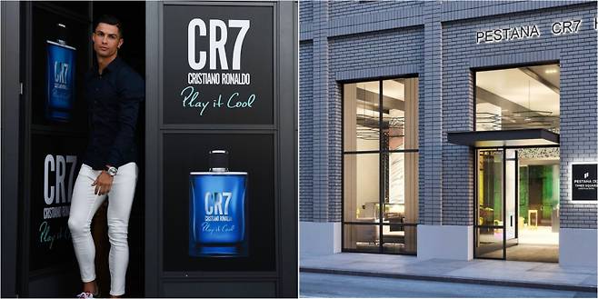 호날두는 CR7이라는 이름으로 의류, 향수, 신발, 안경, 호텔 등 광범위한 제품을 아우르는 강력한 개인 브랜드를 구축했다. 사진은 CR7이 론칭한 향수(왼쪽)와 뉴욕의 타임 스퀘어에 있는 호텔 체인점의 모습. 사진=호날두 인스타그램